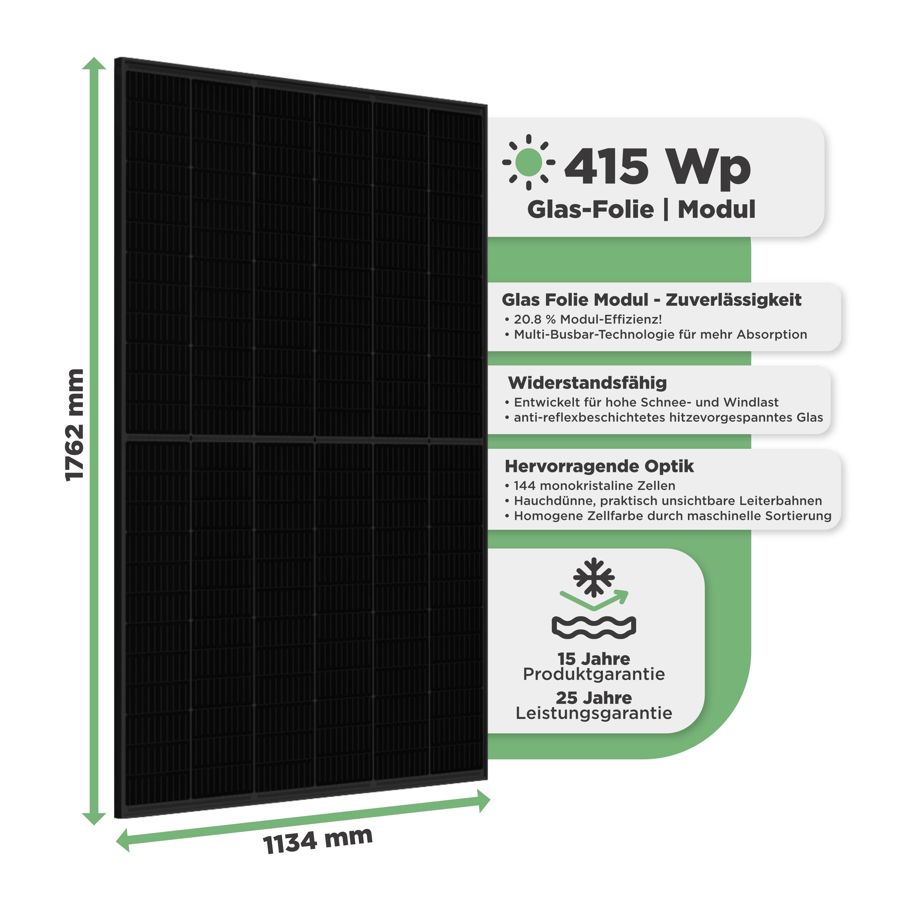 Balkonkraftwerk Wand 1245 Wp — APsystems EZ1-M 800 W / Trina Solar / 415 Wp (Full Black, Glas-Folie) / eine Reihe hochkant / 3 Module / 5 m