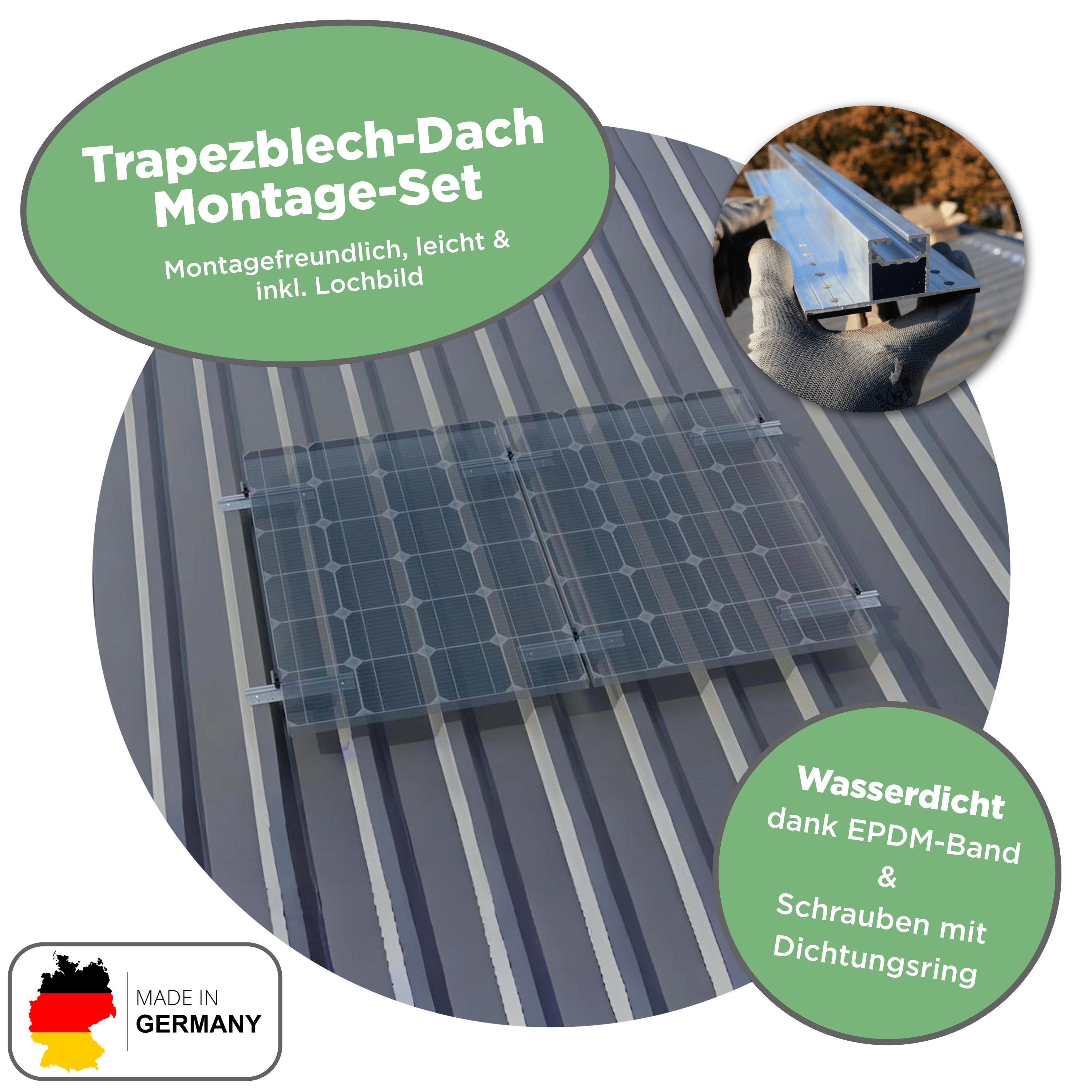 Balkonkraftwerk Trapezblech 1000 Wp — APsystems EZ1-M 800 W / Trina Solar / 500 Wp (Glas-Glas) / Standard Halterung / zwei Reihen hochkant / 2 Module / 20 m