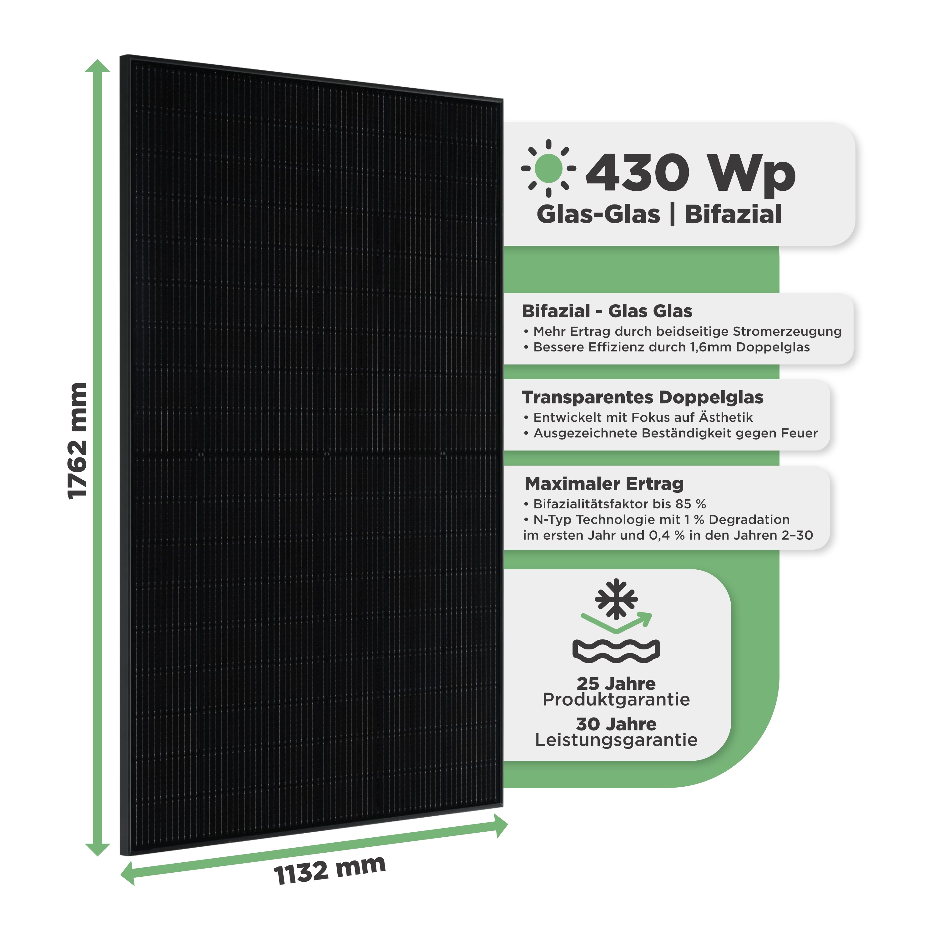 Balkonkraftwerk Trapezblech 1290 Wp — APsystems EZ1-M 800 W / Trina Solar / 430 Wp ( Glas-Glas + Bifazial) / Standard Halterung / eine Reihe quer / 3 Module / 20 m