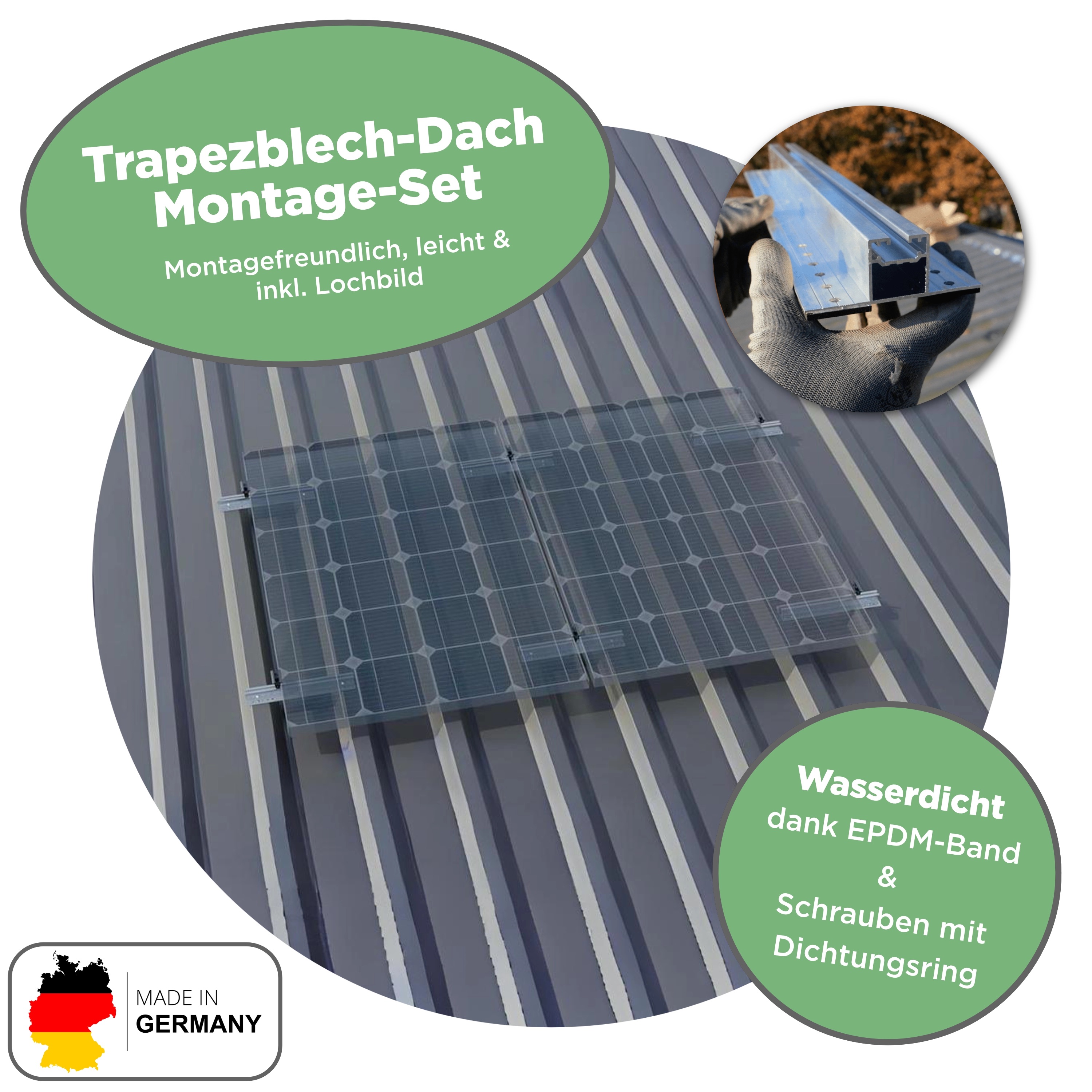 Balkonkraftwerk Trapezblech 430 Wp — APsystems EZ1-M 800 W / Trina Solar / 430 Wp ( Glas-Glas + Bifazial) / Standard Halterung / eine Reihe quer / 1 Modul / 5 m